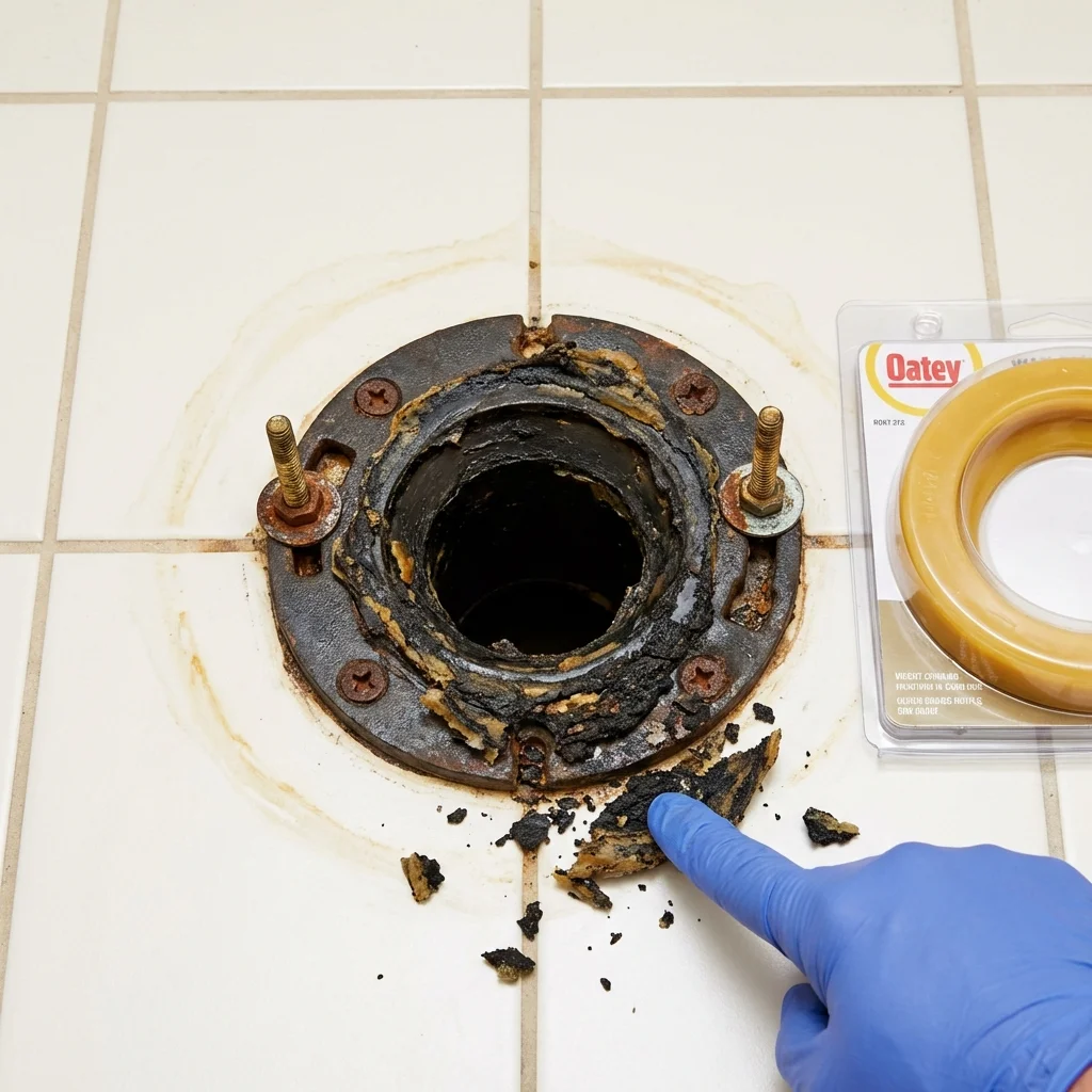 Failed wax ring showing water seepage at the base of a toilet in a Appleton, MN home
