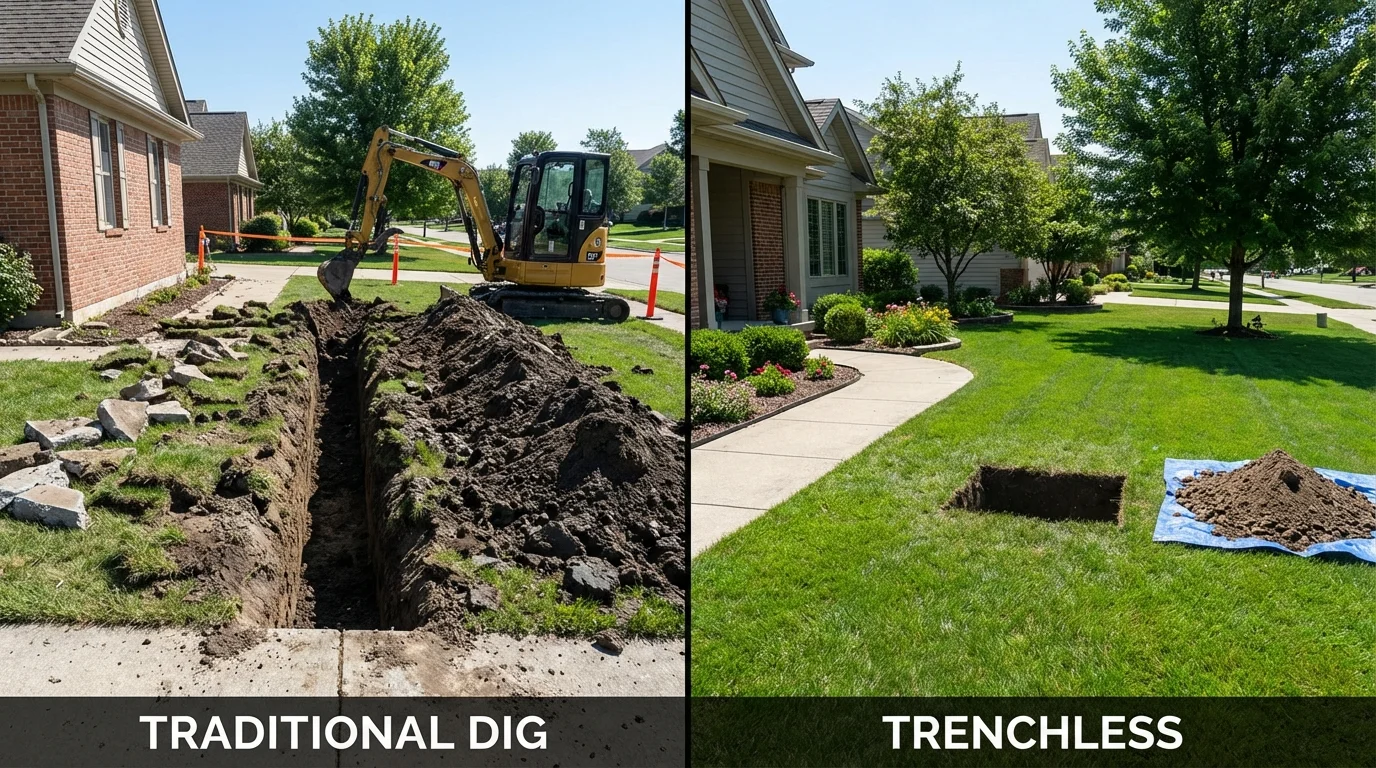 Trenchless sewer repair with minimal yard damage versus traditional excavation in Appleton, MN