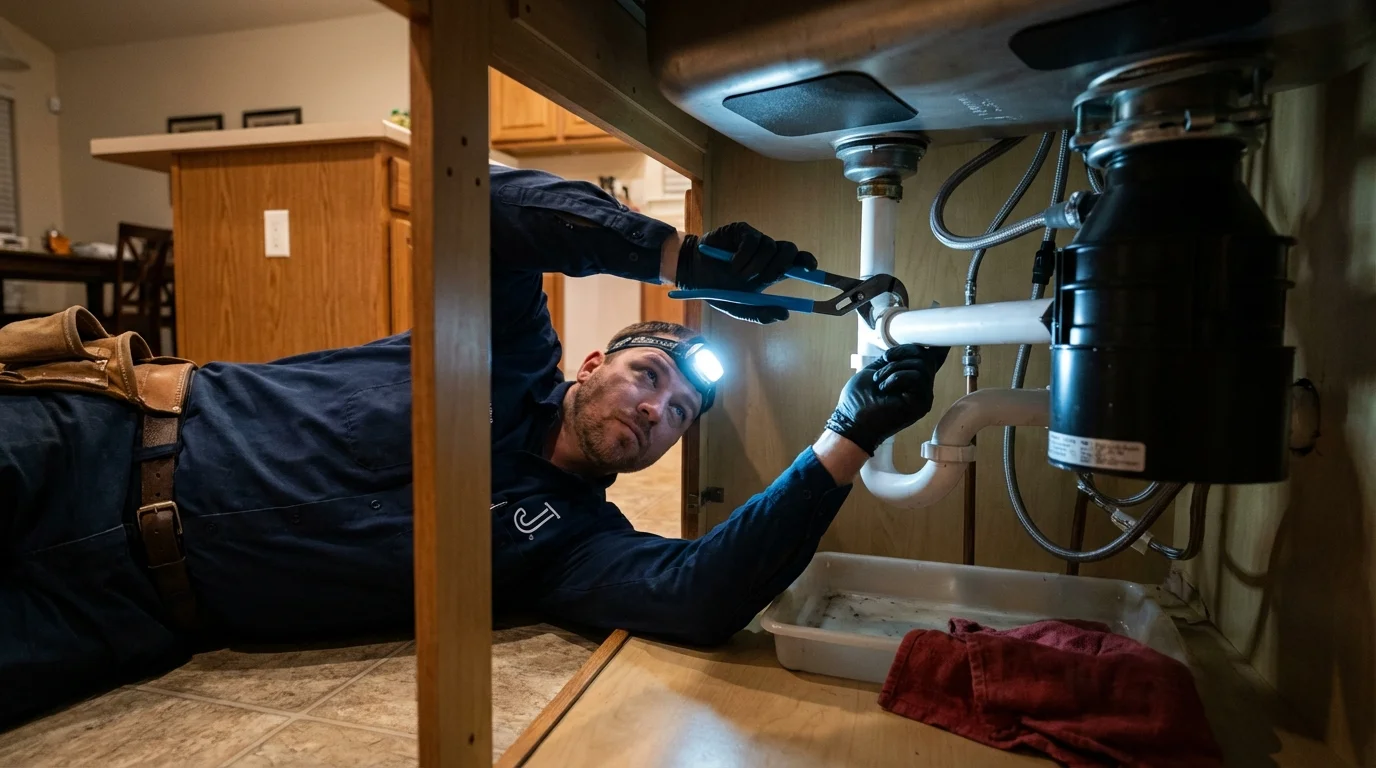 P-trap and supply line connections under a kitchen sink showing a common leak point in Appleton, MN